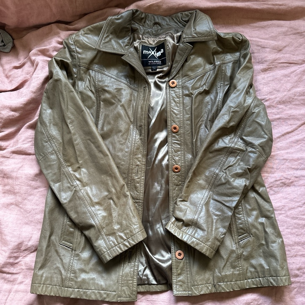 Vintage Wilson’s Maxima Olive Leather Jacket Sz L - Picture 2 of 6